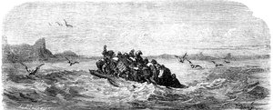 Sindbad the sailor (Sinbad) - tale of the thousand and one (1001) nights - illustration by Gustave Dore - edition Maxwell 1865 - Third voyage: Sindbad and his companions sail aboard a raft by Gustave Dore