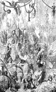 Sindbad the Sailor (Sinbad) - Tale of the Thousand and One (1001) Nights - Illustration by Gustave Dore - Maxwell Edition 1865 - Sixth Voyage - This Engraving Can Represent the Court of the King of Serendib or That of the Caliph Haroun al-Rashid (Harun al by Gustave Dore