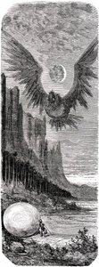 Sindbad the sailor - tale of the thousand and one nights - illustration by Gustave Dore - edition Maxwell 1865 - Second voyage: Sindbad having discovered on an island a huge egg of the gigantic bird Roc is attacked by this giant bird by Gustave Dore