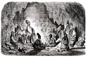 Sindbad the sailor - tale of the thousand and one nights - illustration by Gustave Dore - Maxwell edition 1865 - First voyage: Sindbad, abandoned in the middle of the sea by his companions, reached an island and met in a cave the palefrenie by Gustave Dore