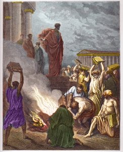 St Paul at Ephesus - The Prediction of Saint Paul at Ephesus. Jews who were engaged in exorcism burn the books - engraving in The Bible illustrated by Gustave Dore (1832-1883) - Engraving from The Dore Bible