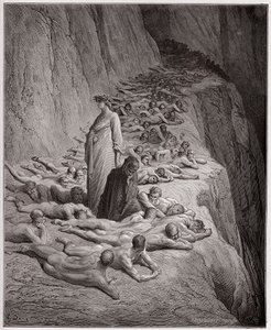 The Divine Comedy, Purgatorio, Canto 19: The souls of the avaricious: Adrian V speaks to Dante - by Dante Alighieri (1265-1321) - Illustration by Gustave Dore (1832-1883)