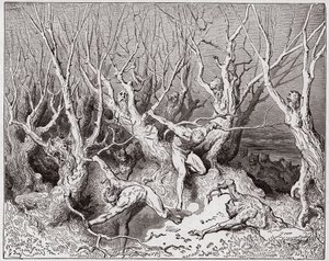 The Divine Comedy, Inferno, Canto 13: The suicides flee the forest - Illustration by Gustave Dore (1832-1883) by Gustave Dore