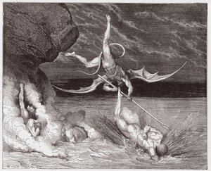 The Divine Comedy, Inferno, Canto 22: Ciampolo escapes the demon Alichino in the fifth bolgia - by Dante Alighieri - Illustration by Gustave Dore by Gustave Dore