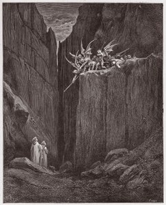 The Divine Comedy, Inferno, Canto 23: The poets escape the demons of the fifth bolgia - Illustration by Gustave Dore by Gustave Dore