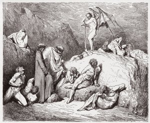 The Divine Comedy, Inferno, Canto 28: Mutilated sowers of discord in the ninth bolgia - by Dante Alighieri (1265-1321) - Illustration by Gustave Dore (1832-1883)
