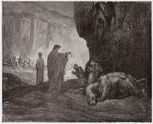 The Divine Comedy, Inferno, Canto 6: Virgil feeds Cerberus in the third circle - Illustration by Gustave Dore by Gustave Dore