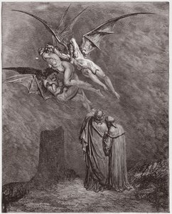 The Divine Comedy, Inferno, Canto 9: The hideous Erinyes: Megaera, Tisphone, Alecto - Illustration by Gustave Dore (1832-1883) by Gustave Dore