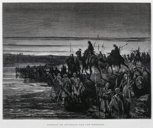 The Hebrew tribes enter Canaan over the Jordan River, Illustration from the Dore Bible