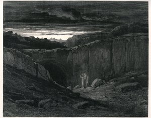 The Hell of Dante Alighieri (the Divine Comedy) illustrated by Gustave Dore. French edition of 1861. Dante and Virgil at the entrance of Hell: "Lasciate ogni speranza, voi che 