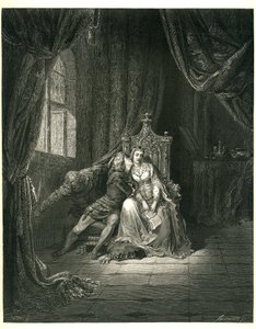 The Hell of Dante Alighieri (the Divine Comedy) illustrated by Gustave Dore. French edition of 1861. Francesca da Rimini and her lover: "Quel giorno piu non vi leggemo avante. (This day we do not read further)", chant 5. v. 138 by Gustave Dore