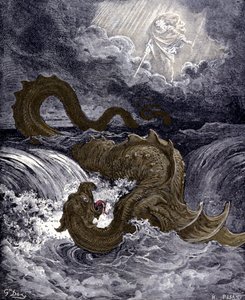 The Leviathan, sea monster resembling the sea snake referred to in the Bible. Illustrations of the Bible by Gustave Dore. Engraving of the 19th century by Gustave Dore