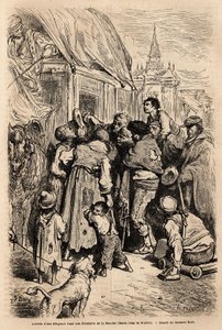 The arrival of the diligence in a hotel in Santa Cruz de modela (Mancha province), assaulted by beggars calling for alms. Drawing by Gustave Dore (1832-1883). Engraving to illustrate the voyage in Spain, in 1862 by Charles Davillier and Gustave Dore, in by Gustave Dore