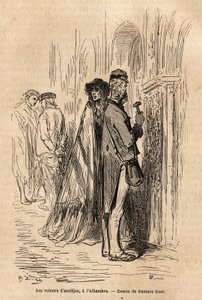 The azulejos thieves, in the Alhambra of Granada. A sketch made by Gustave Dore, to illustrate his trip to Spain in 1862, accompanied by Ch.Davillier. Engraving in Le tour du monde by Gustave Dore