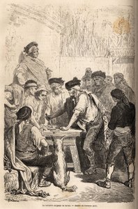 The baratero weapon of the navaja, demanding the barato, tribute that he arrogates on the amount of clandestine games. Drawing by Gustave Dore, to illustrate his trip to Spain in 1862, with Ch. Davillier. Engraving in Le tour du monde, edited by Edouard Ch by Gustave Dore