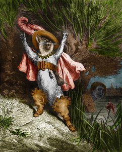 The boot cat calls for help. Engraving by Gustave Dore from The Tales by Charles Perrault by Gustave Dore