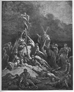 The brazen snake - Moses and the brazen serpent (engraving)