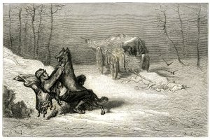 The Brigand Agostin is Attacked by a Wolf, Near the Dead Horse Still Reached in the Cart Abandons Comedians, or Hides the Little Chiquita. Engraving by Gustave Dore Illustrating Theophile Gautier