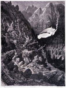 The Old Man Holding a Purse and His Stick Walking in a Hostile Landscape is Surmounted by an Angel Waving a Spear of Fire, Plate VII - Illustration by Gustave Dore for La Legende du Jew Wandering by Pierre Dupont by Gustave Dore