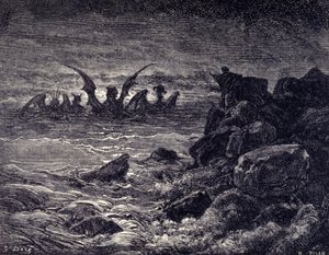 The prophet Daniel sees monsters appearing: Haniel, Kafziel, Azriel, Aniel. Engraving from the Bible illustrated by Gustave Dore (19th century)
