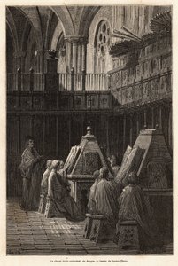 The study of psalms by the choir of the Cathedrale Santa Maria de Burgos. Drawing by Gustave Dore illustrating a voyage