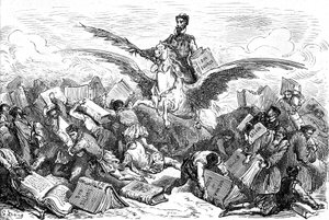 The writer Cervantes rides on a winged horse, his book 