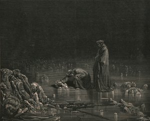 Then seizing on his hinder scalp, I cried: Name thee, or not a hair shall tarry here by Gustave Dore