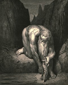 Yet in the abyss, that Lucifer with Judas low ingulfs, lightly he placed us by Gustave Dore