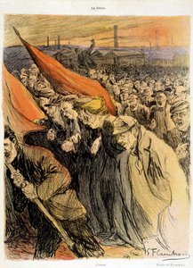 Curved crowd with red flags, La Grève by Flaschoën, early 20th century by Gustave Flasschoen
