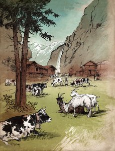 Farm and Landscape in the Swiss Alps (illustration)