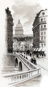 View of the rue de Bellay and the dome of the Pantheon, Paris. Drawing by Gustave Fraipont from Saint-Juirs by Gustave Fraipont