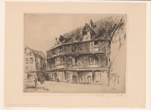 Street with Houses and Walkers in Chartres by Gustave Leheutre (signed by artist)