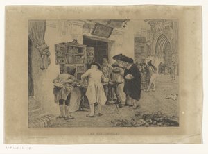 Men Gathered Around the Display of a Bookseller (title: Les Bibliophiles) by Gustave Marie Greux