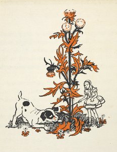 Shrunken Alice and the Puppy by a Giant Thistle