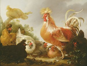 Cockerel and Hens in a Landscape by Gysbert Hondecoeter