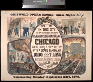 Advertisement for a panoramic and dioramic drama about the Chicago Fire of 1871 at Griswold Opera House, 1878