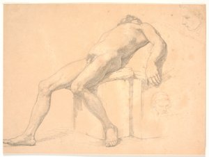 Study of a Male Nude Reclining Model. Two Portrait Heads, One Possibly Constantin Hansen