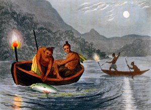 Native Americans Fishing by Torchlight in North America, 1813 by H Merke