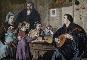 Martin Luther (1483-1546) in the midst of his family (engraving after H Stelzner)