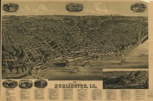 1889 perspective map of the city of Burlington, Iowa by H. Wellge