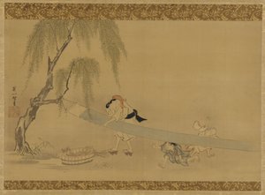 Woman Stretching Cloth to Dry, Two Children at Play, Edo Period