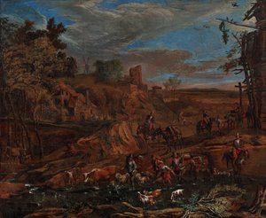 Autumn Landscape with Ford and Cattle Drive by Hans (Johann Baptist) Graf