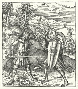 Archduke Maximilian of Austria in armour fighting with a sword by Hans (after) Burgkmair