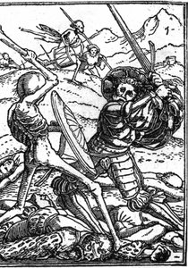 The Mock Death of Hans Holbein the Younger (1497-1543): The Soldier. A soldier fights Death; at their feet lie the bodies of other warriors. Engraving