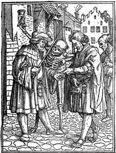 The mock death of Hans Holbein the Younger (1497-1543): the lawyer (engraving) by Hans (after) Holbein the Younger