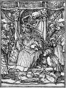 The Simulacrons of the Death of Hans Holbein the Young: The Emperor. While Death Takes Away the Crown of the Emperor, a Peasant Begs Him for Justice. Engraving