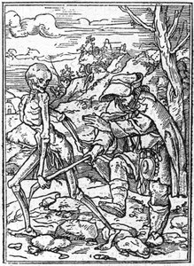 The simulacra of the death of Hans Holbein the Younger: the blind. Death grabs the stick of the blind and acts as a guide. Engraving.