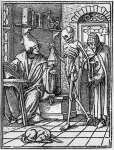 The Simulacra of the Death of Hans Holbein the Younger (1497-1543): The Doctor. Death comes between the doctor and his patient. Engraving