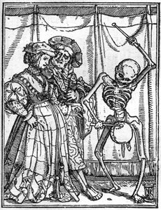 The Simulacra of Death by Hans Holbein the Younger: The Husbands. Death plays the drum in front of a couple. Engraving.