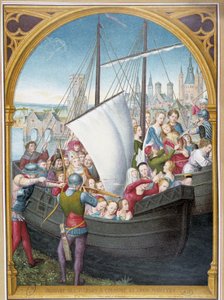 Landing of the virgins in Cologne and their martyrdom, from painting of Saint Ursula, Bruges, by Memling